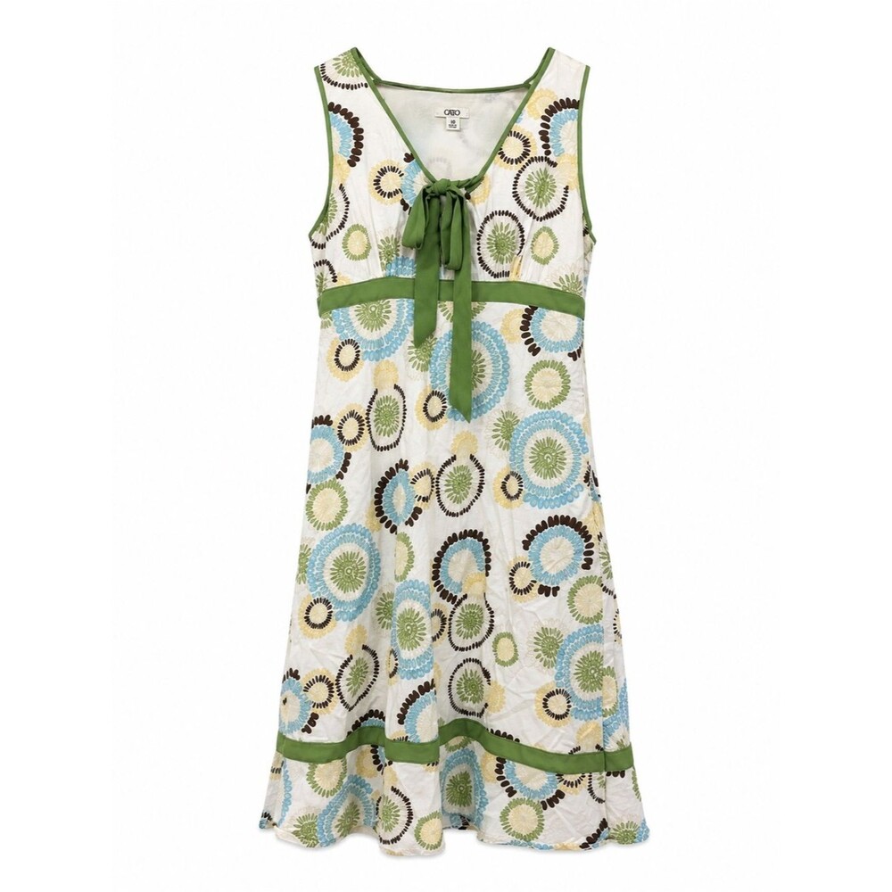 Cato White & Green Linen Midi Dress Geometric Size 10 Y2k Style Bow